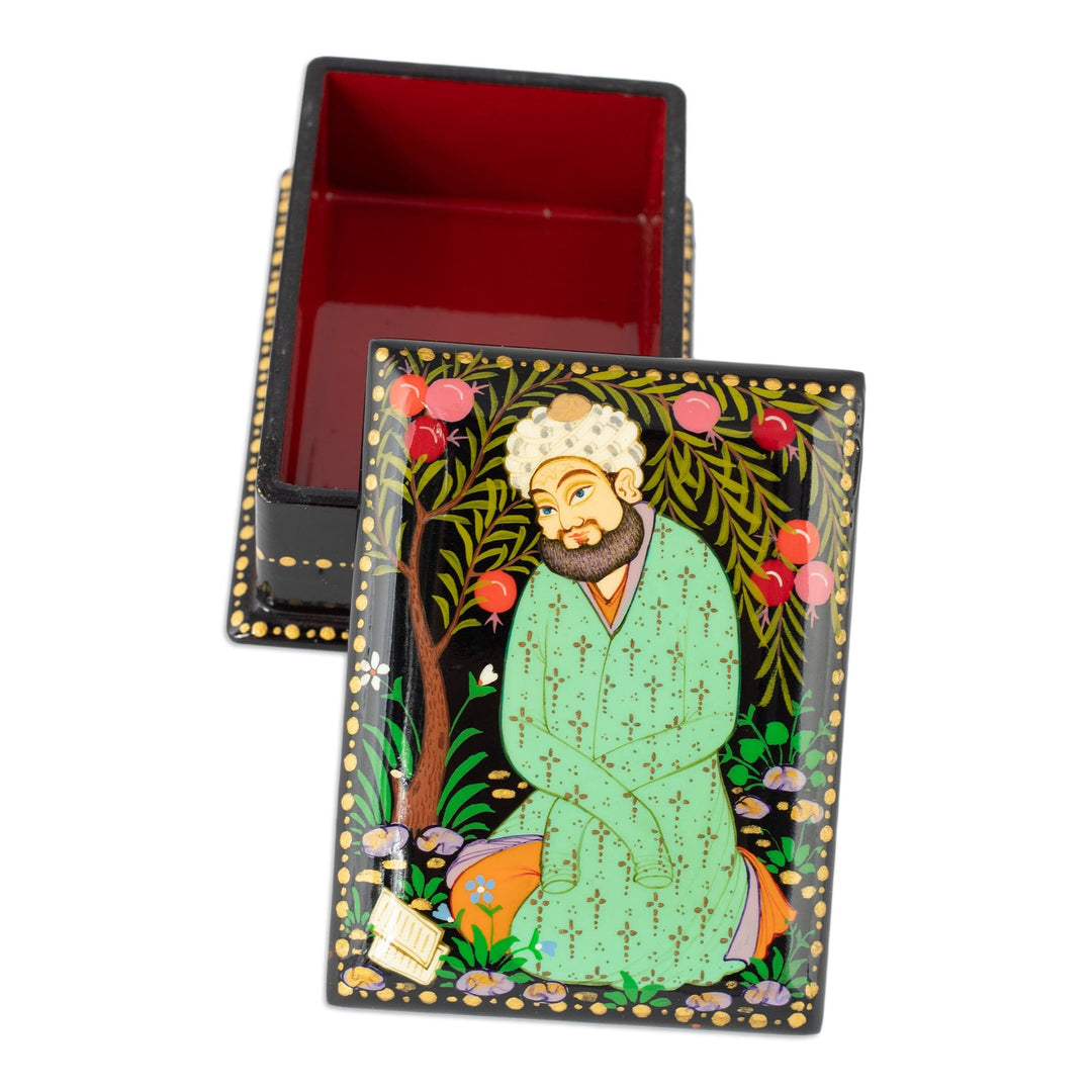 Lacquered Walnut Wood Jewelry Box with Bard Scene - Memories from the Bard'