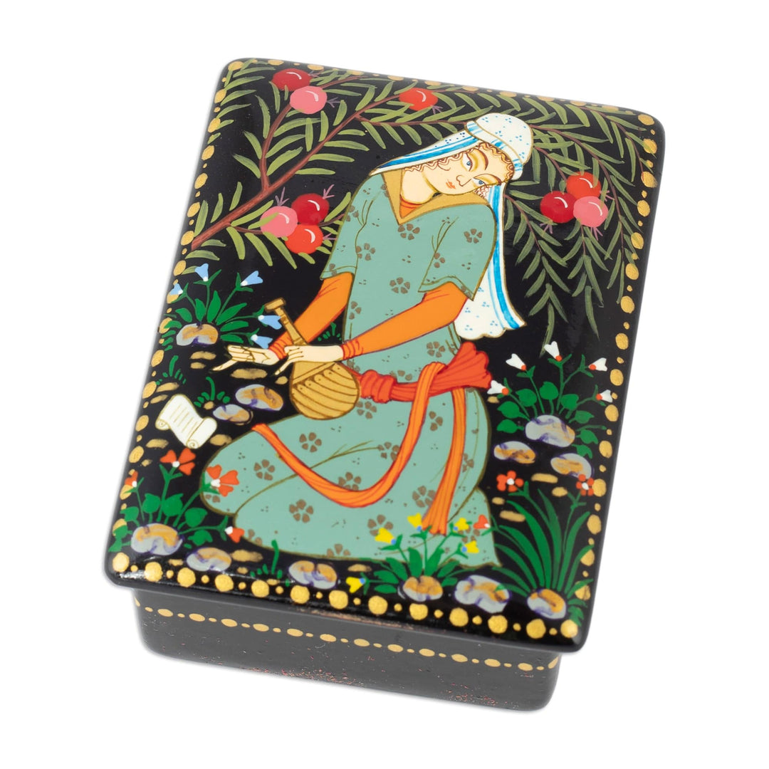 Lacquered Walnut Wood Jewelry Box with Musician Scene - Memories from the Musician