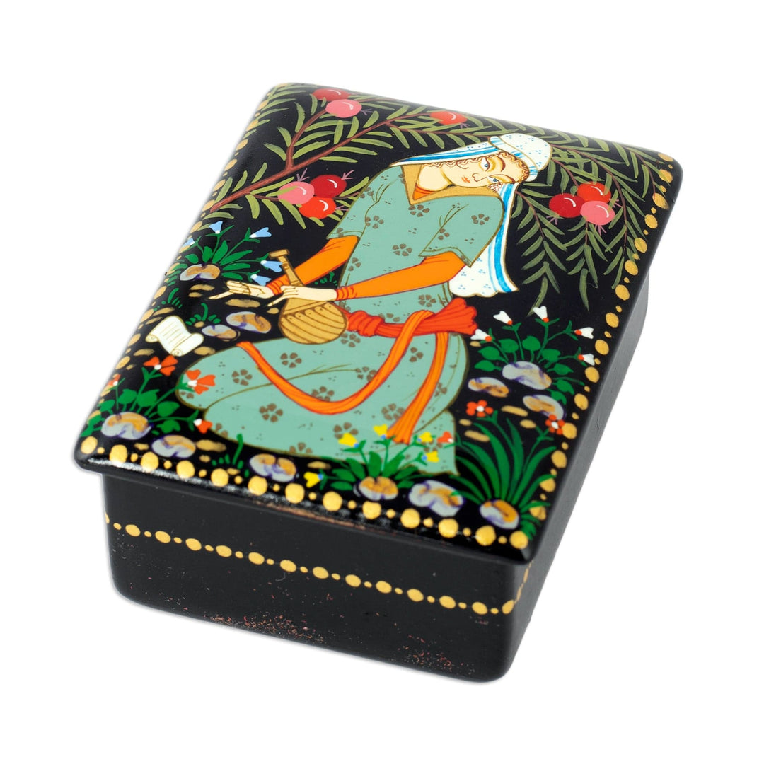 Lacquered Walnut Wood Jewelry Box with Musician Scene - Memories from the Musician