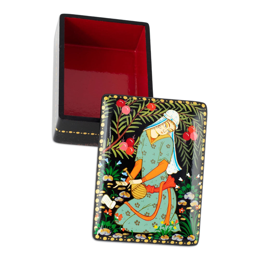Lacquered Walnut Wood Jewelry Box with Musician Scene - Memories from the Musician