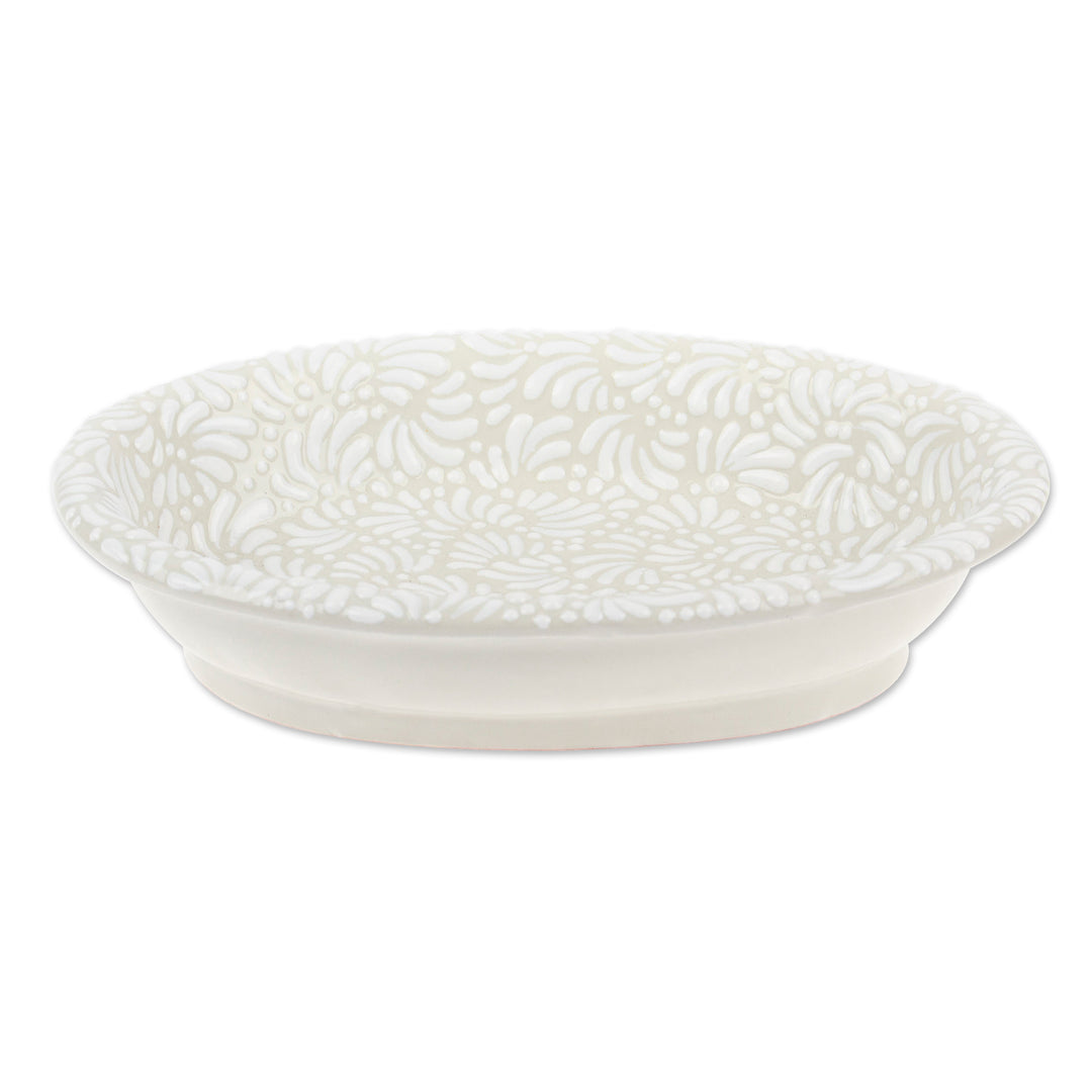 Handcrafted Floral Beige and Ivory Ceramic Serving Bowl - Placid Spring