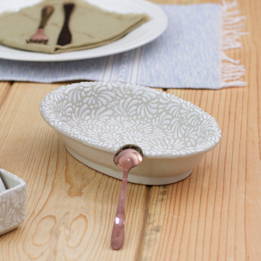 Handcrafted Floral Beige and Ivory Ceramic Serving Bowl - Placid Spring