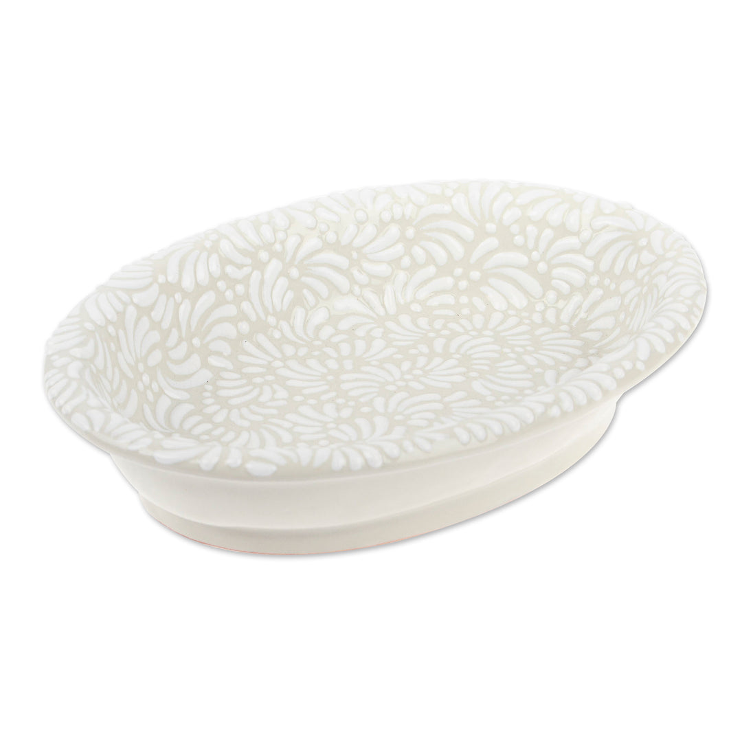Handcrafted Floral Beige and Ivory Ceramic Serving Bowl - Placid Spring