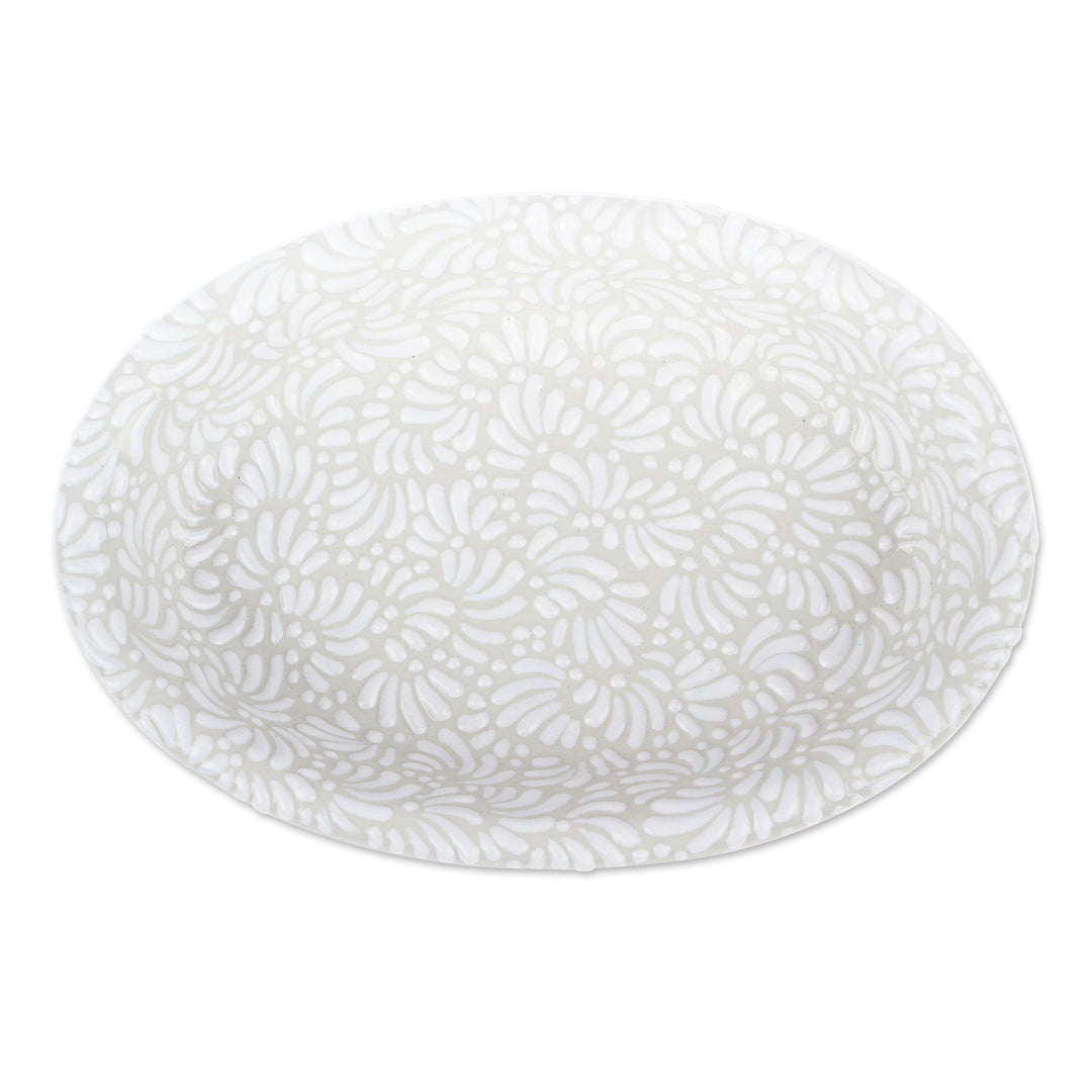 Handcrafted Floral Beige and Ivory Ceramic Serving Bowl - Placid Spring