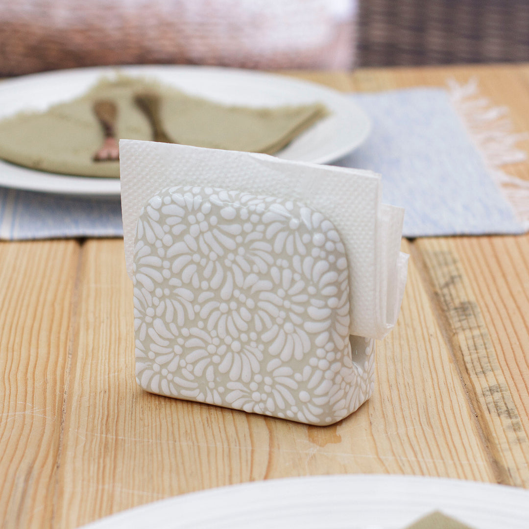 Handcrafted Floral Beige and Ivory Ceramic Napkin Holder - Paradisiac Spring