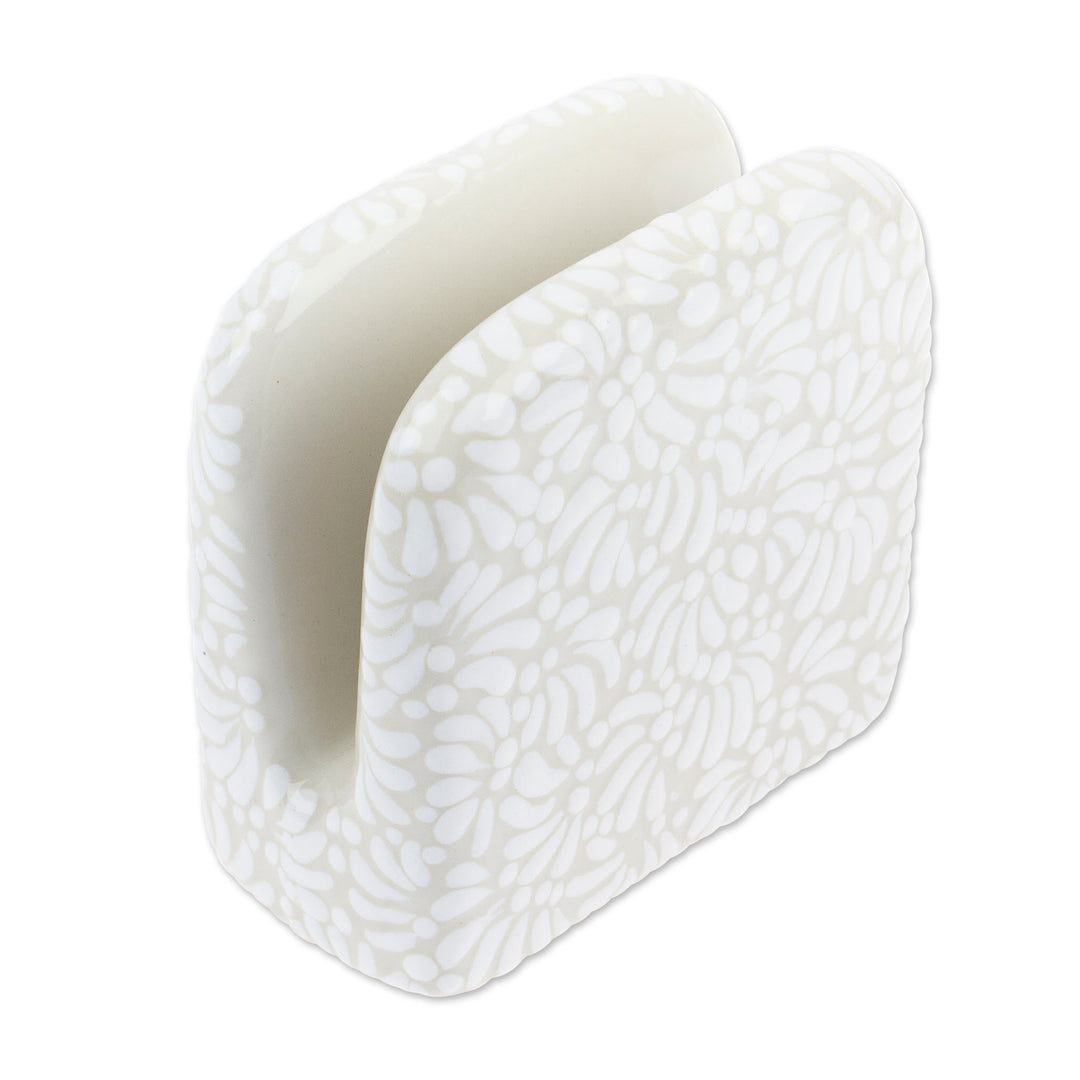 Handcrafted Floral Beige and Ivory Ceramic Napkin Holder - Paradisiac Spring