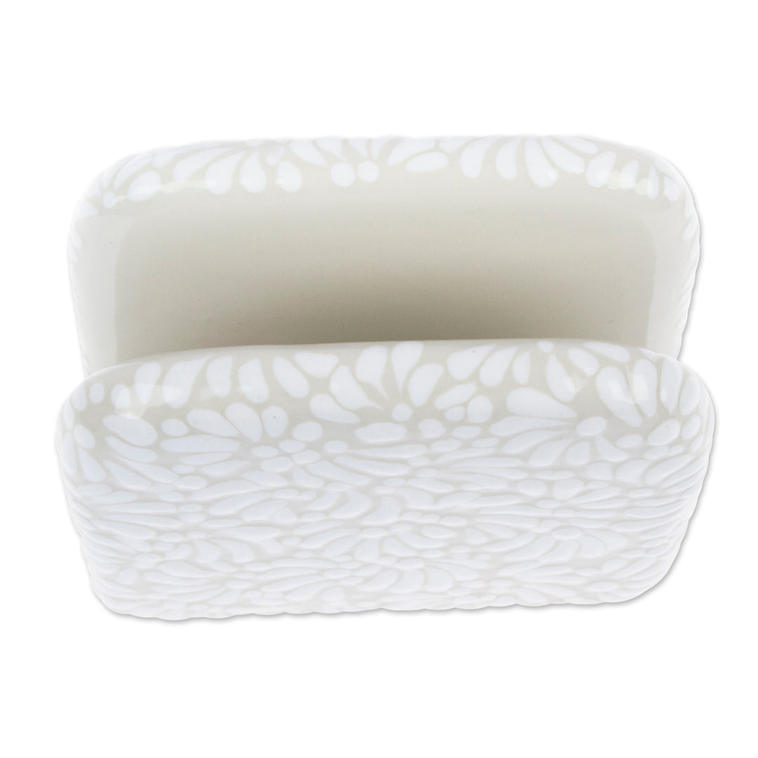 Handcrafted Floral Beige and Ivory Ceramic Napkin Holder - Paradisiac Spring