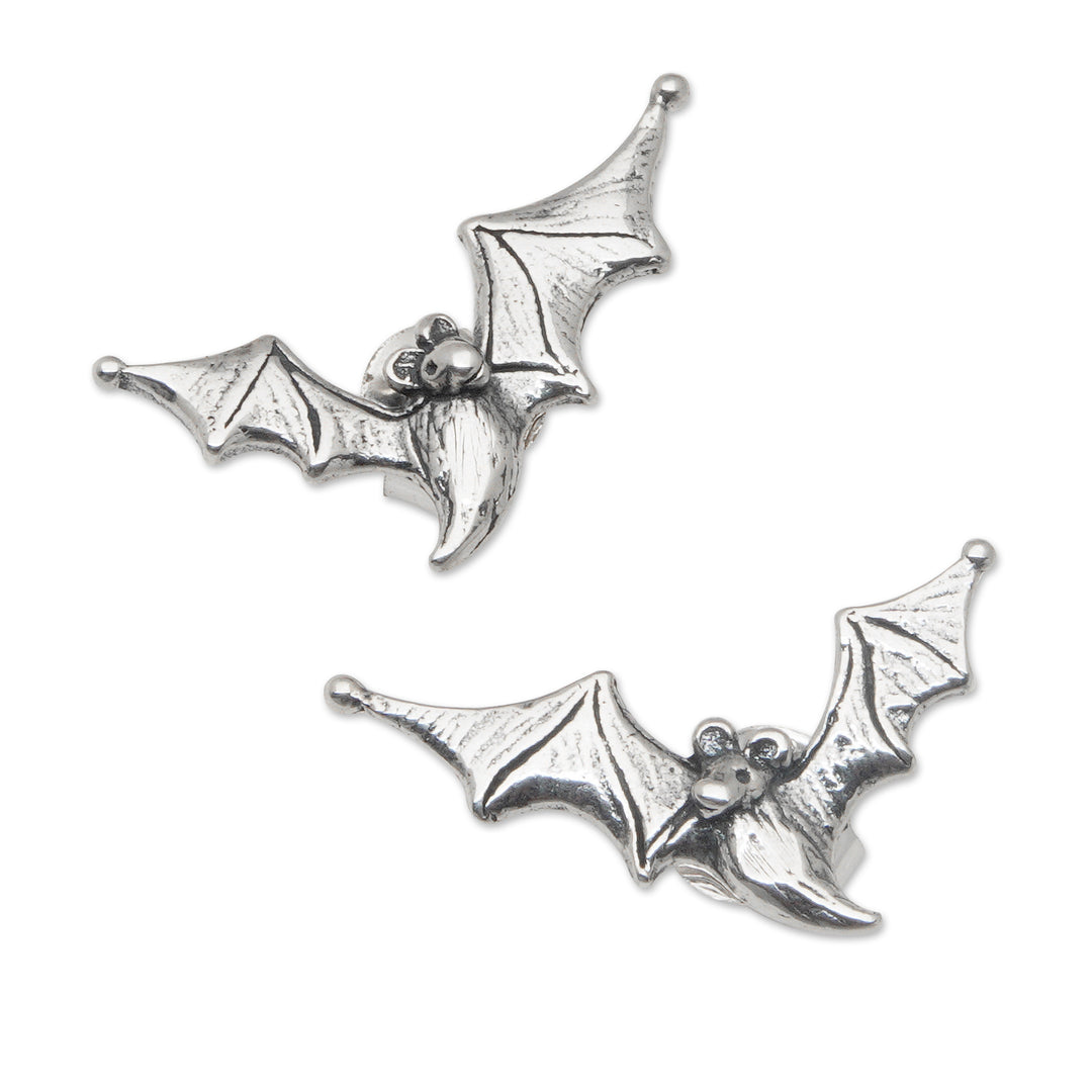 Polished Bat-Themed Sterling Silver Button Earrings - Ethereal Bats