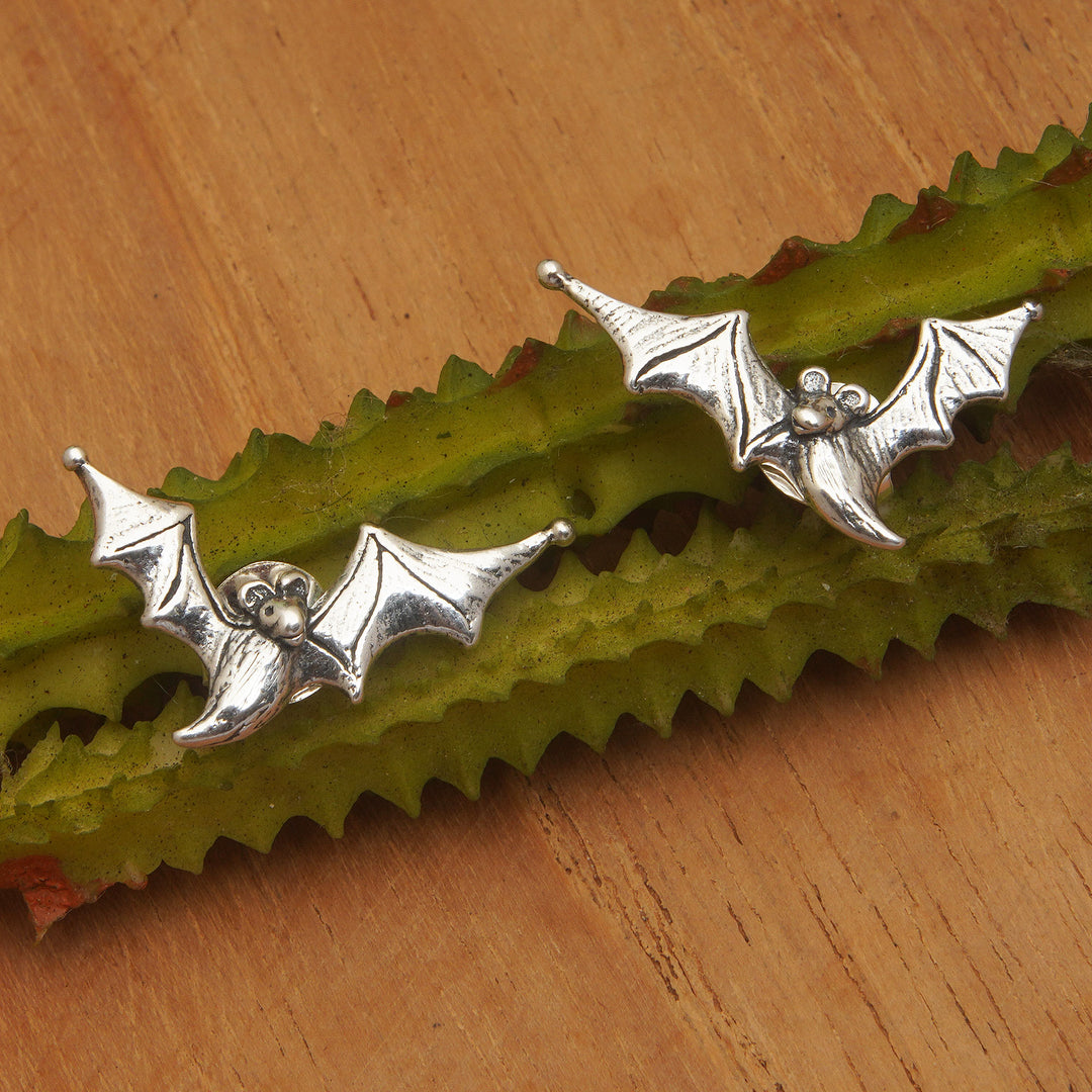 Polished Bat-Themed Sterling Silver Button Earrings - Ethereal Bats