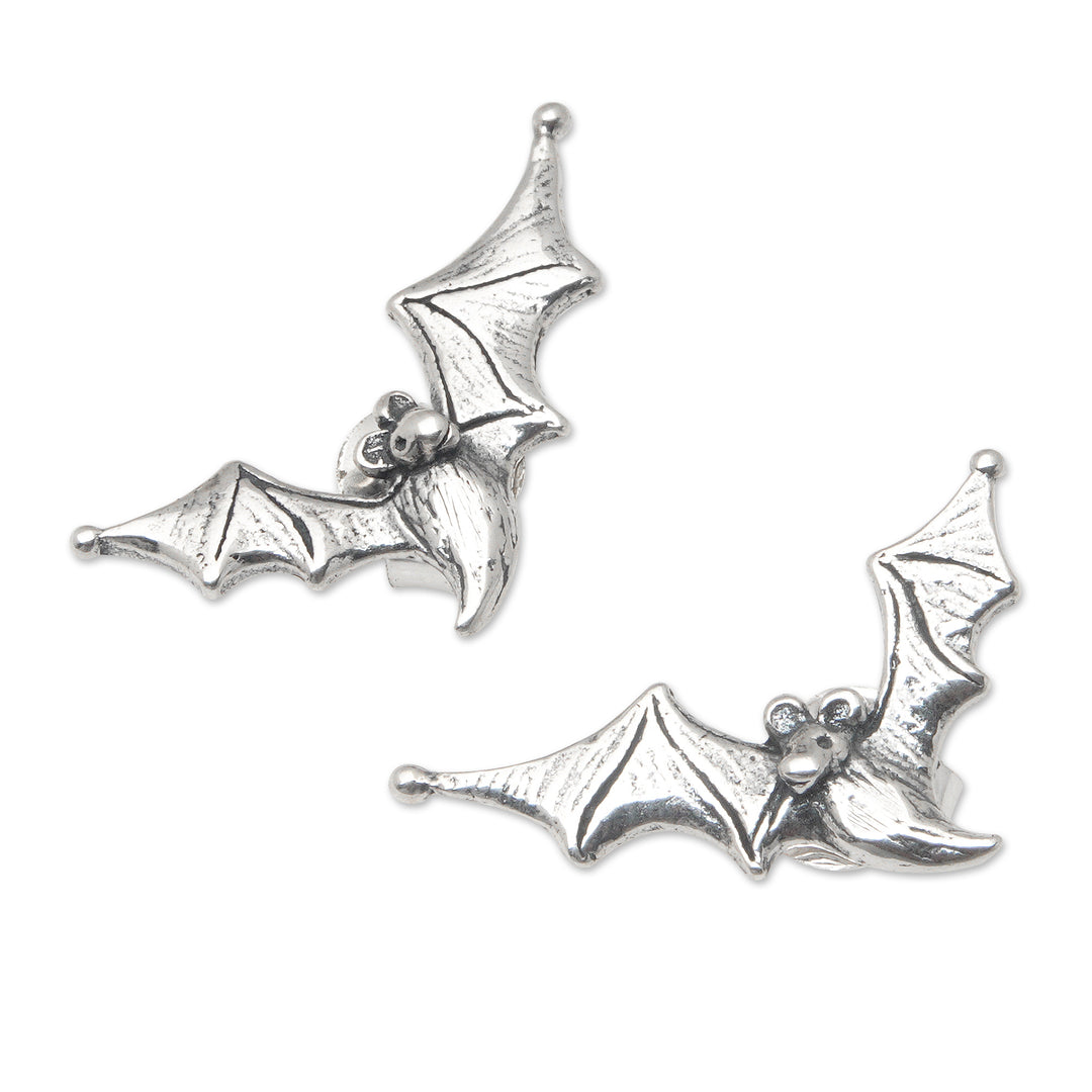 Polished Bat-Themed Sterling Silver Button Earrings - Ethereal Bats