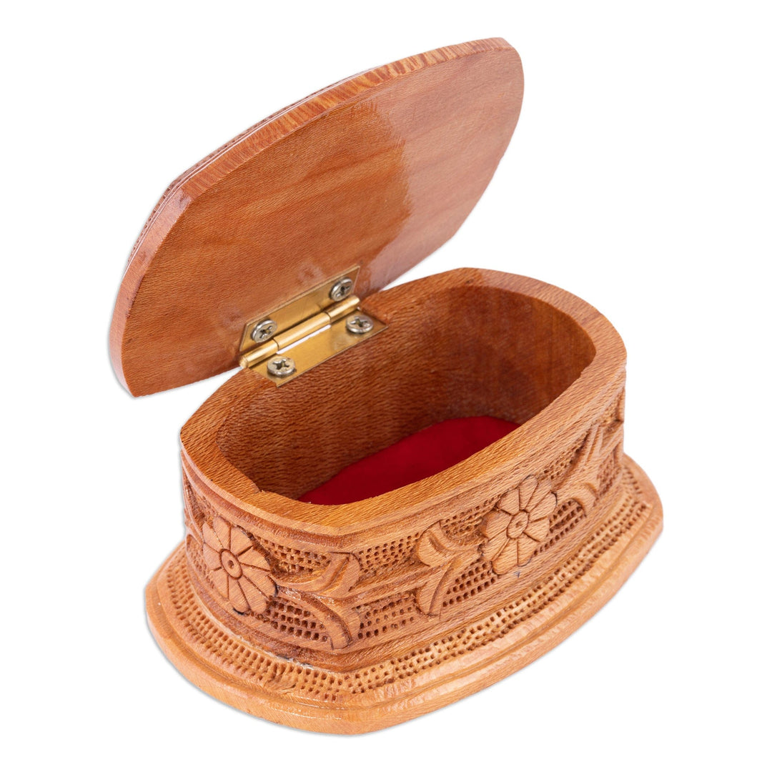 Hand-Carved Floral Elm Tree Wood Jewelry Box from Uzbekistan - Flowers from Uzbekistan