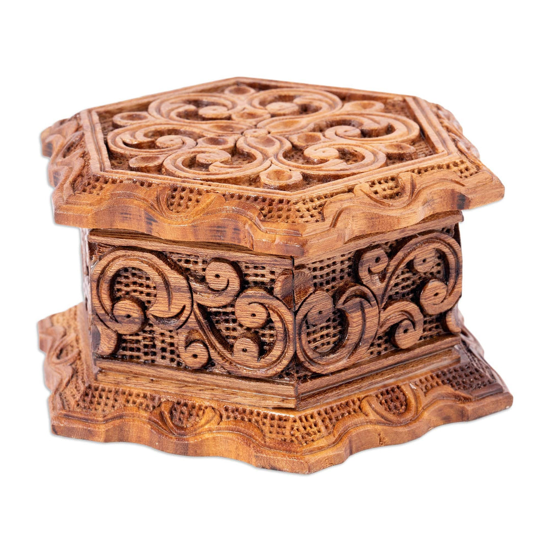 Hand-Carved Floral Hexagonal Elm Tree Wood Jewelry Box - Flourishing Treasure