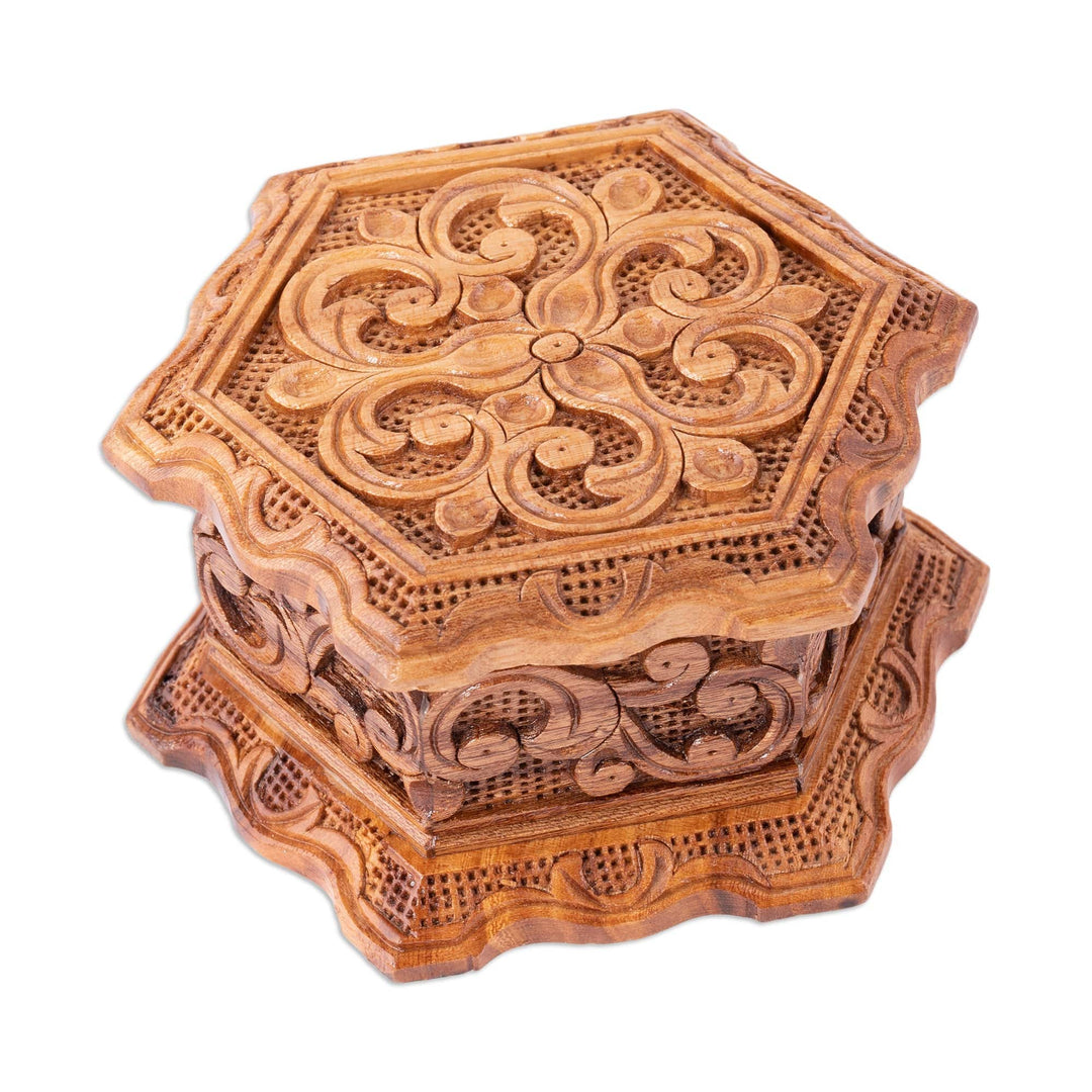 Hand-Carved Floral Hexagonal Elm Tree Wood Jewelry Box - Flourishing Treasure