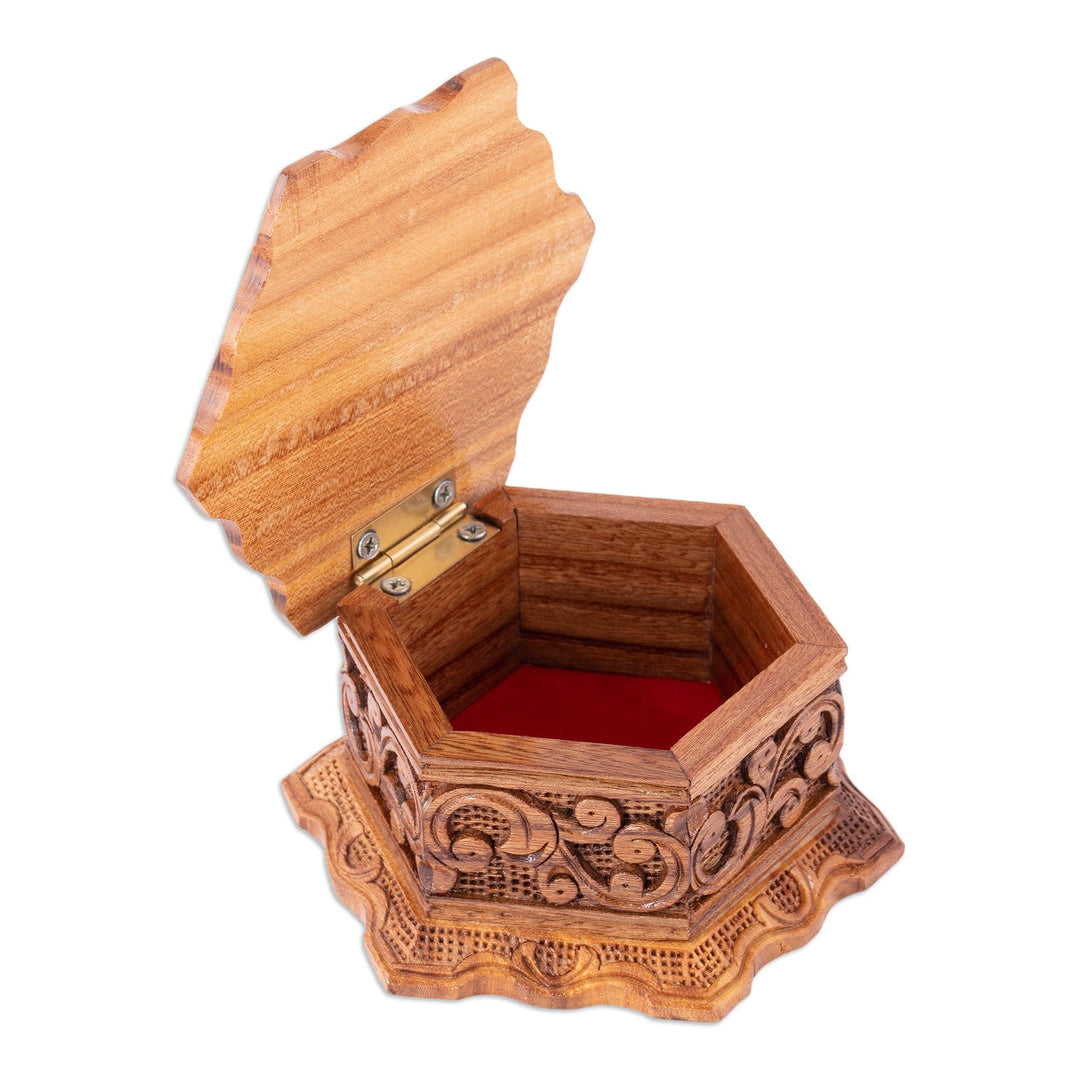 Hand-Carved Floral Hexagonal Elm Tree Wood Jewelry Box - Flourishing Treasure