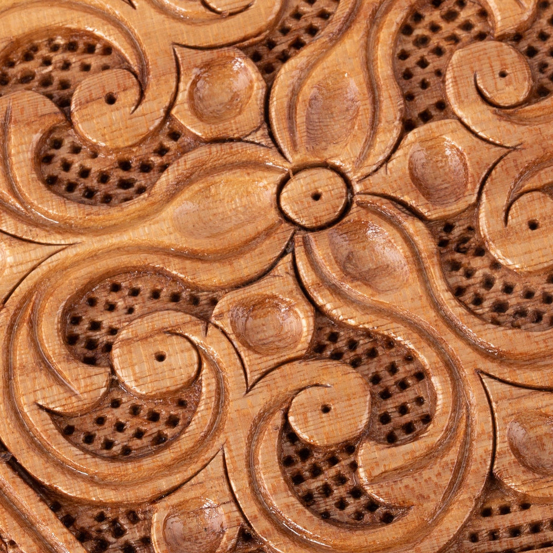 Hand-Carved Floral Hexagonal Elm Tree Wood Jewelry Box - Flourishing Treasure