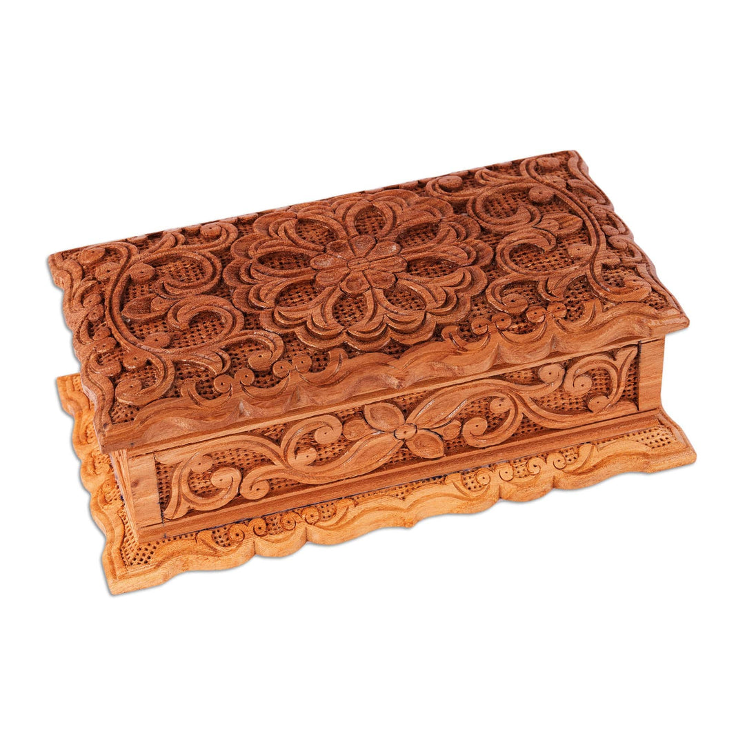 Hand-Carved Floral Natural Brown Elm Tree Wood Jewelry Box - Secret Bouquet