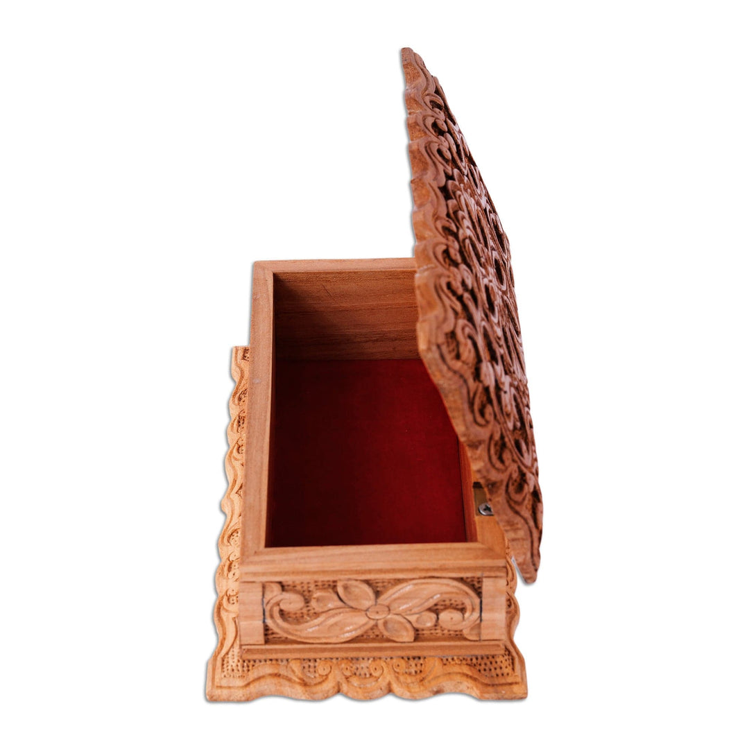 Hand-Carved Floral Natural Brown Elm Tree Wood Jewelry Box - Secret Bouquet