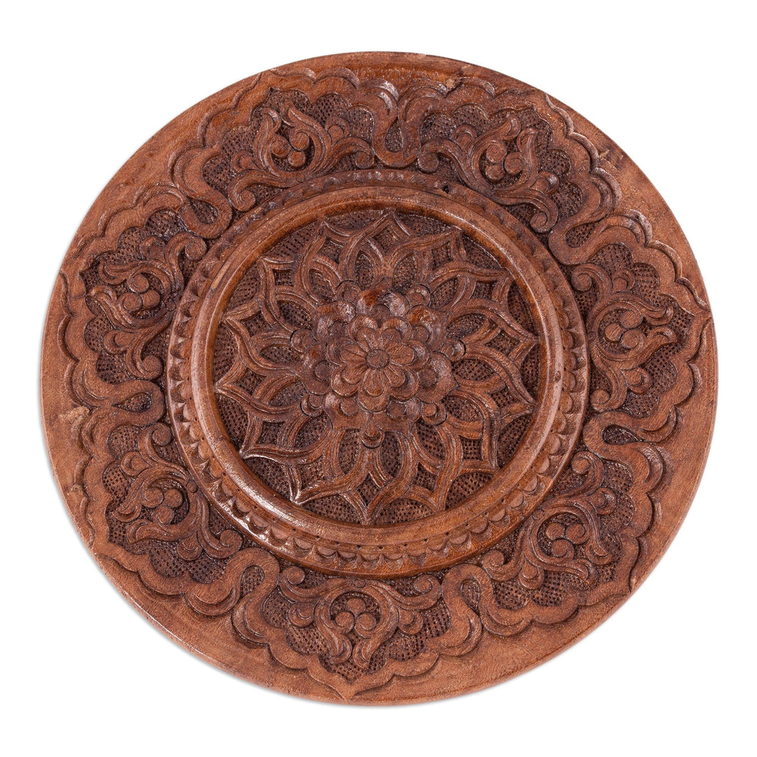 Hand-Carved Floral Round Brown Elm Tree Wood Relief Panel - Spring on the Silk Road