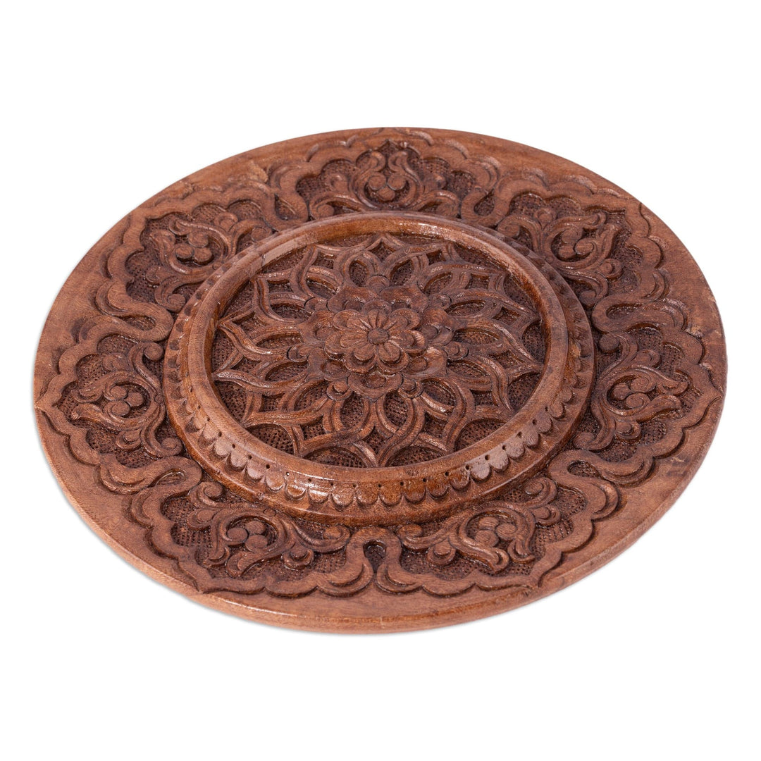Hand-Carved Floral Round Brown Elm Tree Wood Relief Panel - Spring on the Silk Road