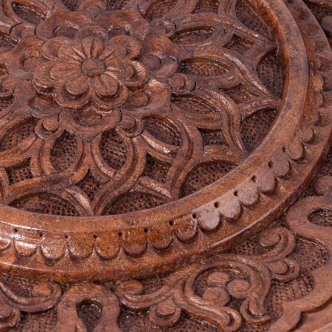 Hand-Carved Floral Round Brown Elm Tree Wood Relief Panel - Spring on the Silk Road