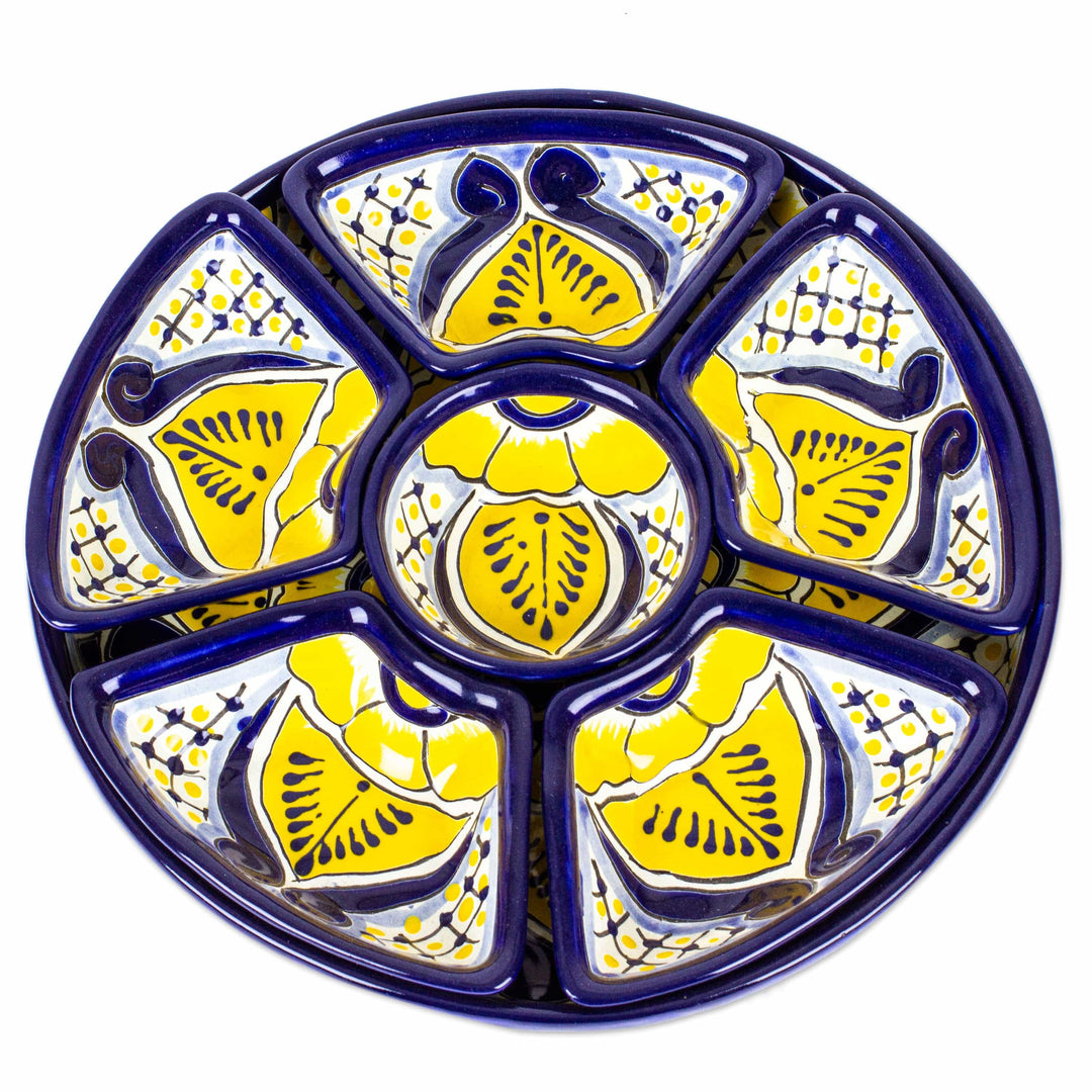 Talavera Ceramic Appetizer Bowl Set from Mexico (7 Pieces) - Yellow Blooms
