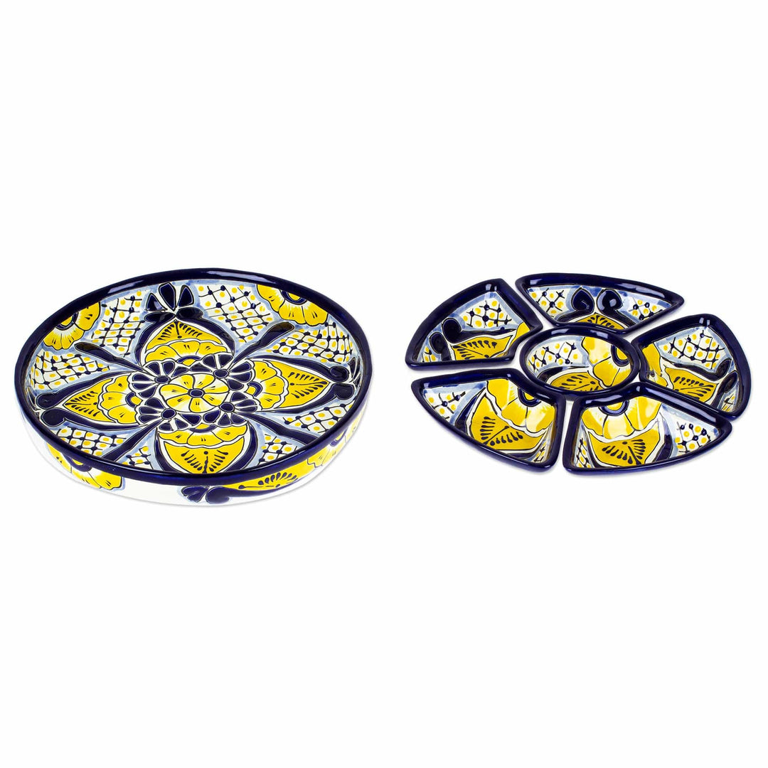 Talavera Ceramic Appetizer Bowl Set from Mexico (7 Pieces) - Yellow Blooms