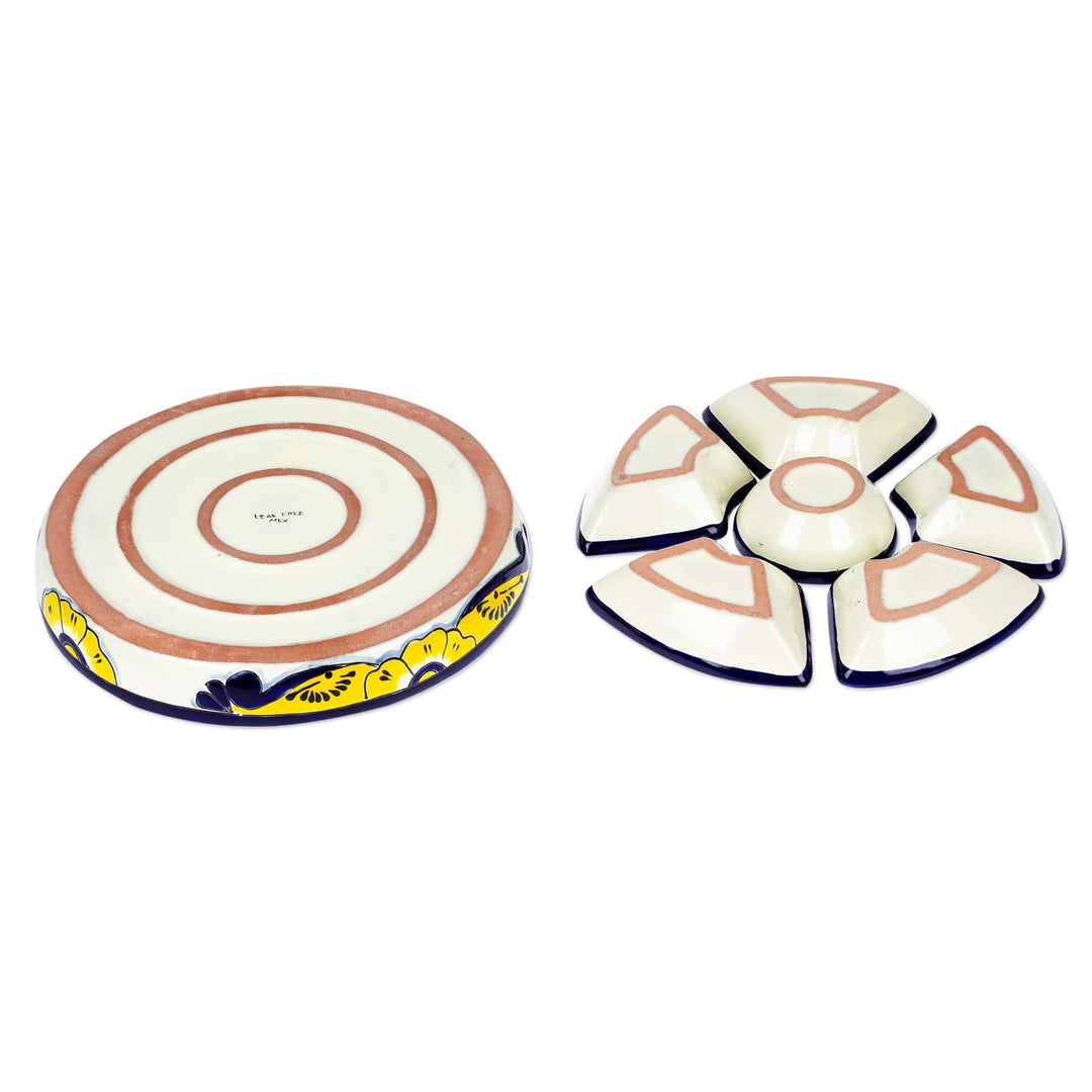 Talavera Ceramic Appetizer Bowl Set from Mexico (7 Pieces) - Yellow Blooms