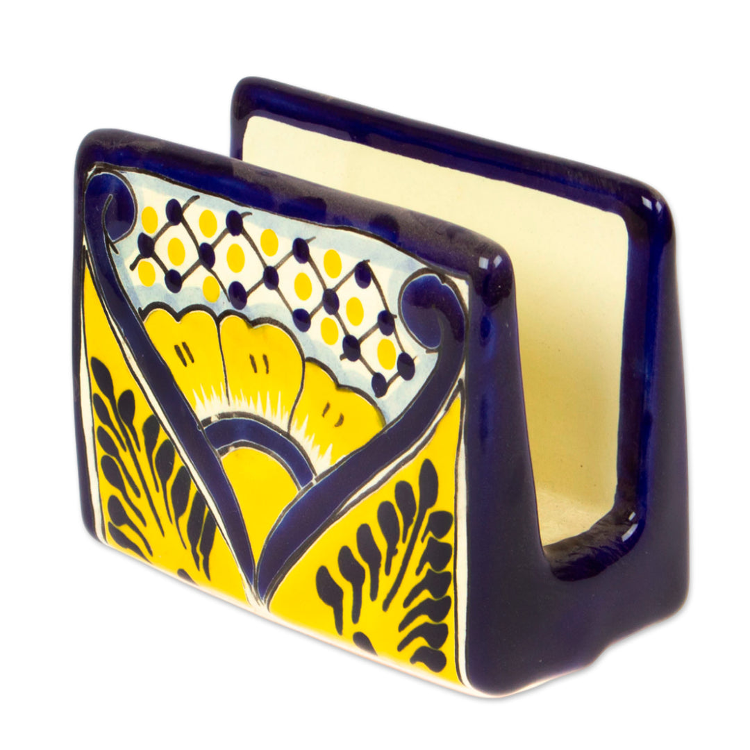 Hand-Painted Talavera Blue and Yellow Ceramic Napkin Holder - Yellow Blooms