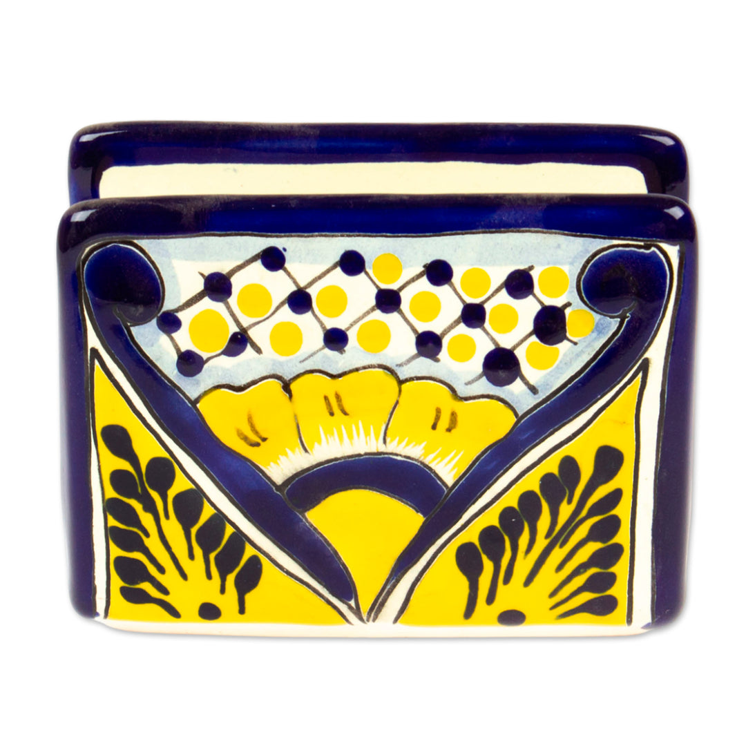 Hand-Painted Talavera Blue and Yellow Ceramic Napkin Holder - Yellow Blooms