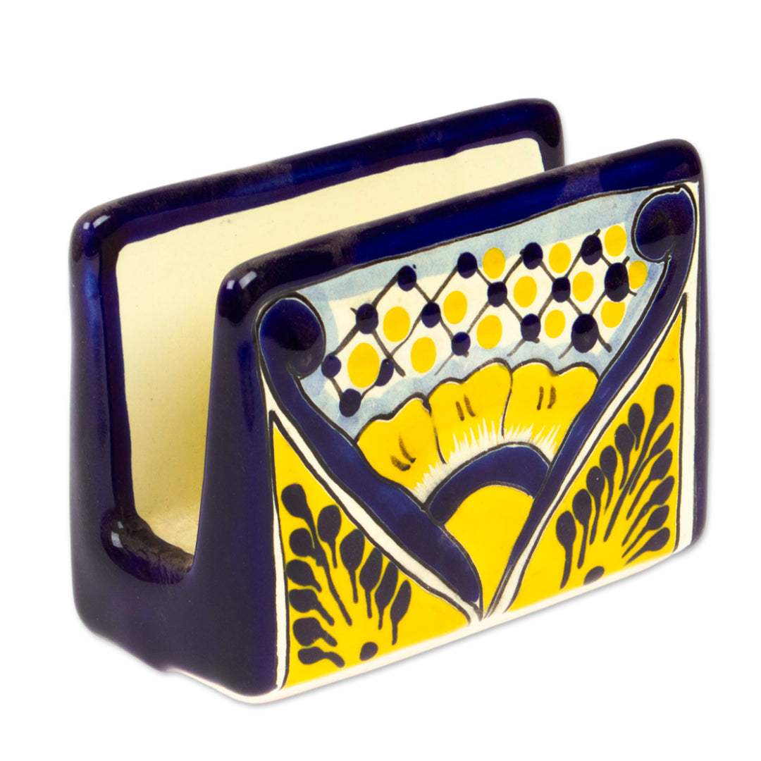 Hand-Painted Talavera Blue and Yellow Ceramic Napkin Holder - Yellow Blooms