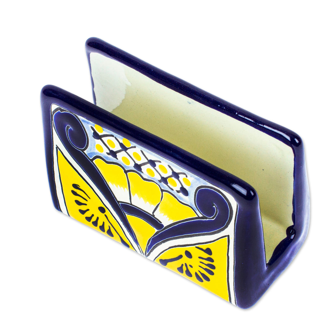 Hand-Painted Talavera Blue and Yellow Ceramic Napkin Holder - Yellow Blooms
