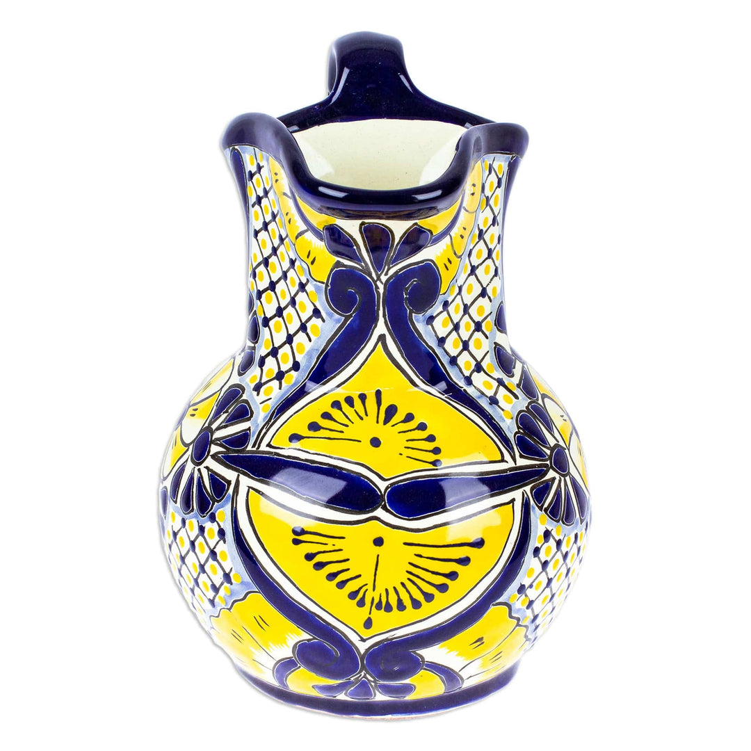 Painted Talavera Style Ceramic Pitcher in Blue and Yellow - Yellow Blooms
