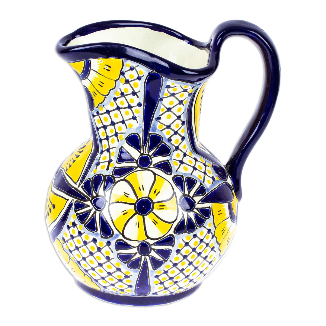 Painted Talavera Style Ceramic Pitcher in Blue and Yellow - Yellow Blooms