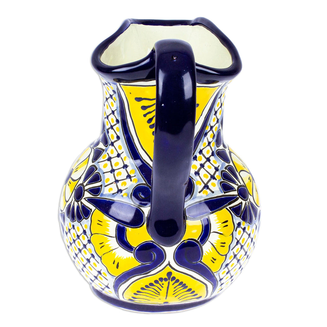 Painted Talavera Style Ceramic Pitcher in Blue and Yellow - Yellow Blooms