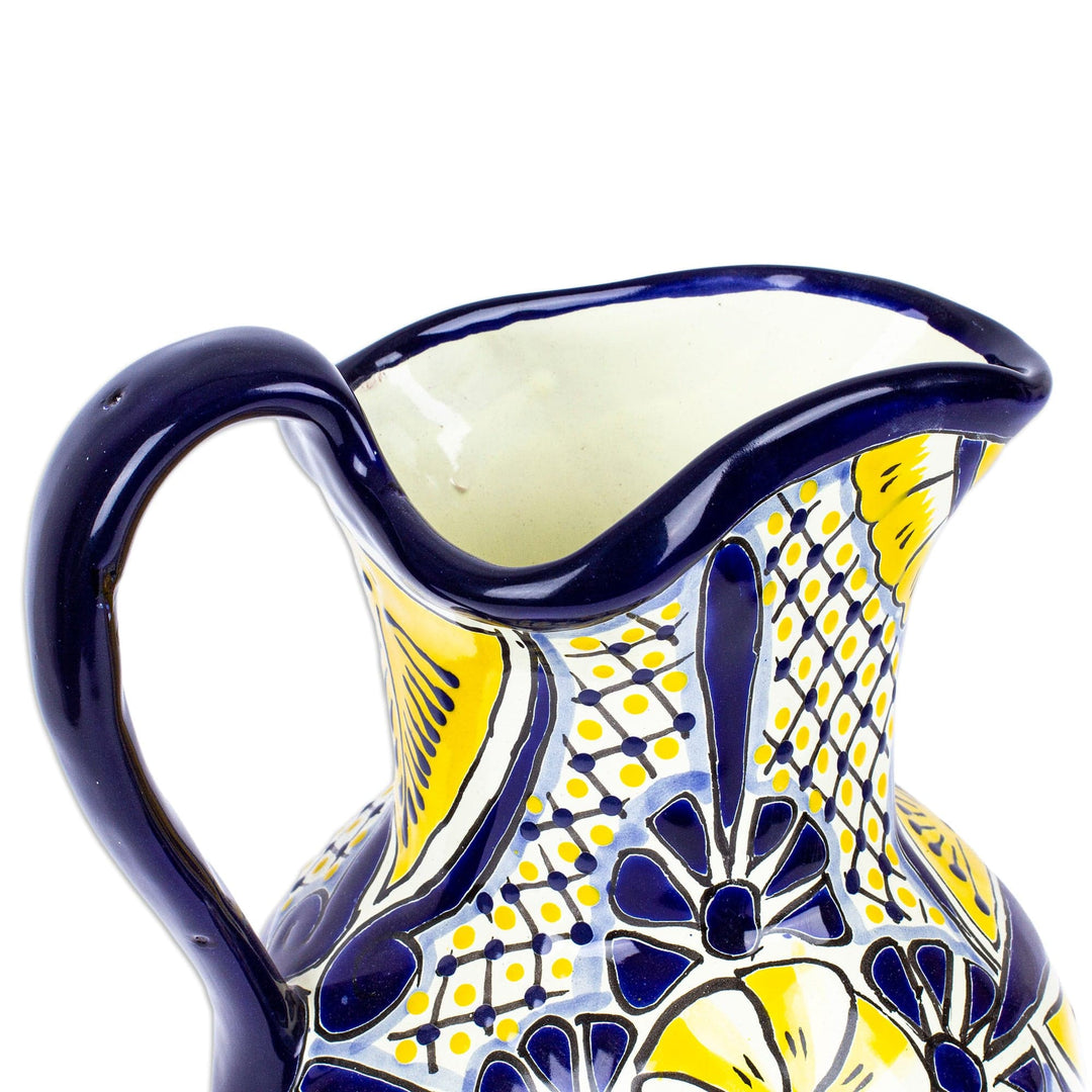 Painted Talavera Style Ceramic Pitcher in Blue and Yellow - Yellow Blooms