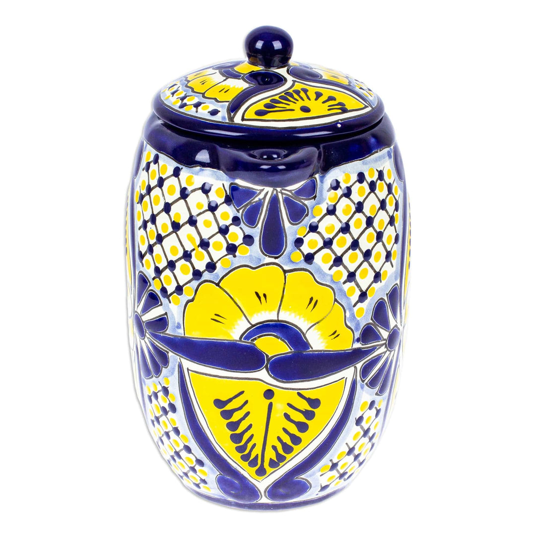 Talavera Style Blue and Yellow Ceramic Coffee Pot - Yellow Blooms