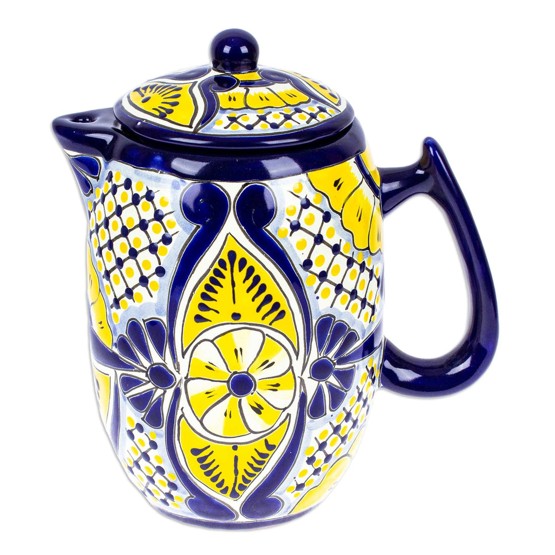 Talavera Style Blue and Yellow Ceramic Coffee Pot - Yellow Blooms