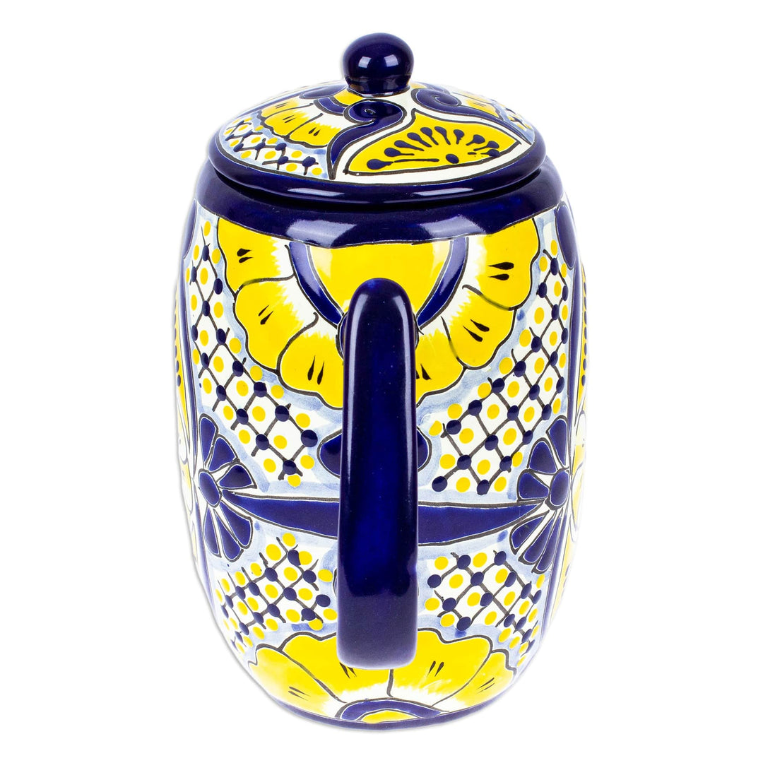 Talavera Style Blue and Yellow Ceramic Coffee Pot - Yellow Blooms