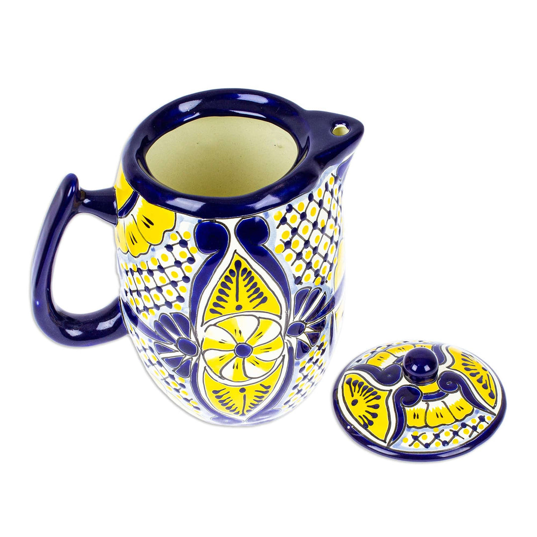 Talavera Style Blue and Yellow Ceramic Coffee Pot - Yellow Blooms