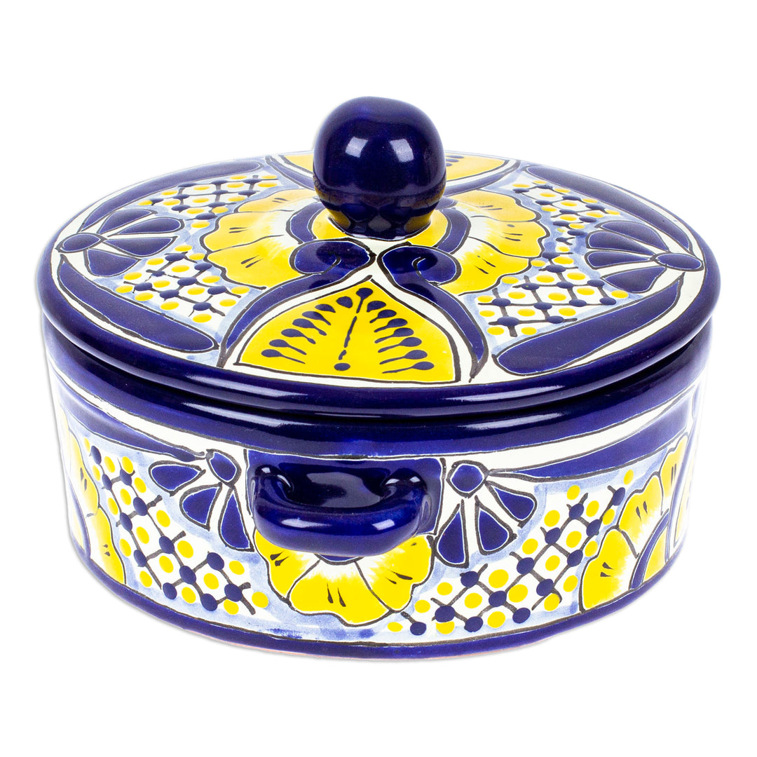 Mexican Talavera Style Ceramic Tortilla Warmer with Lid - Yellow Blooms