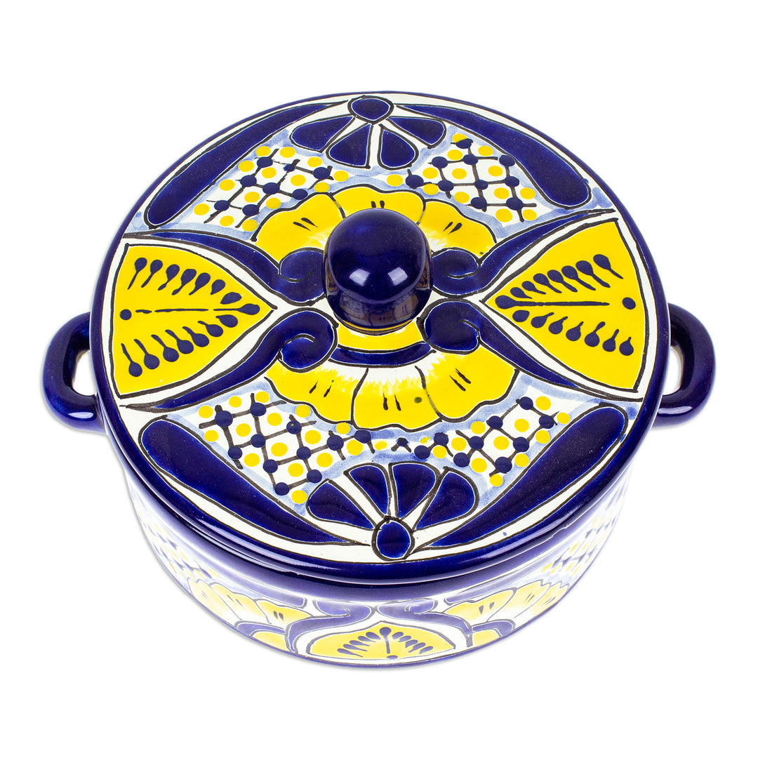 Mexican Talavera Style Ceramic Tortilla Warmer with Lid - Yellow Blooms
