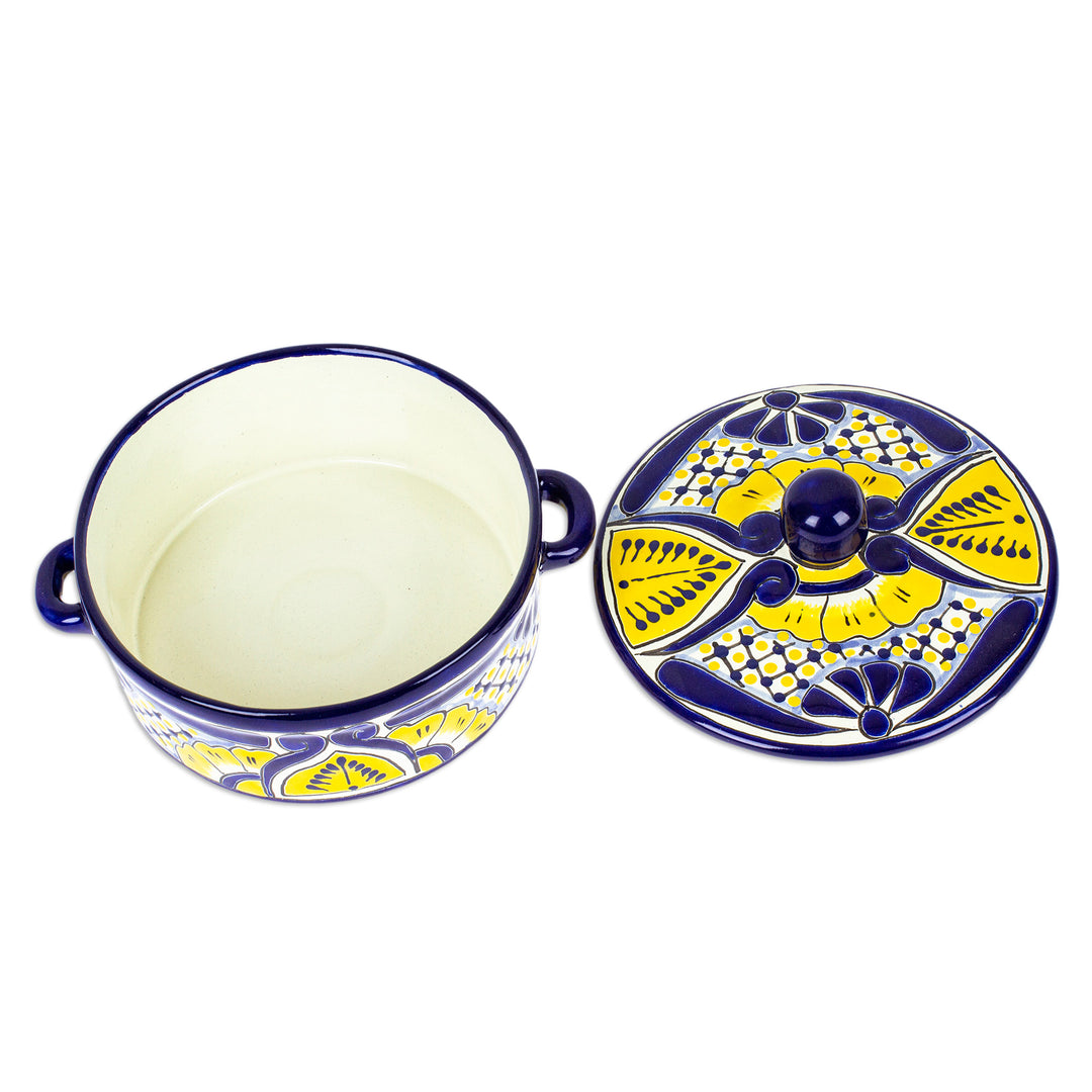 Mexican Talavera Style Ceramic Tortilla Warmer with Lid - Yellow Blooms