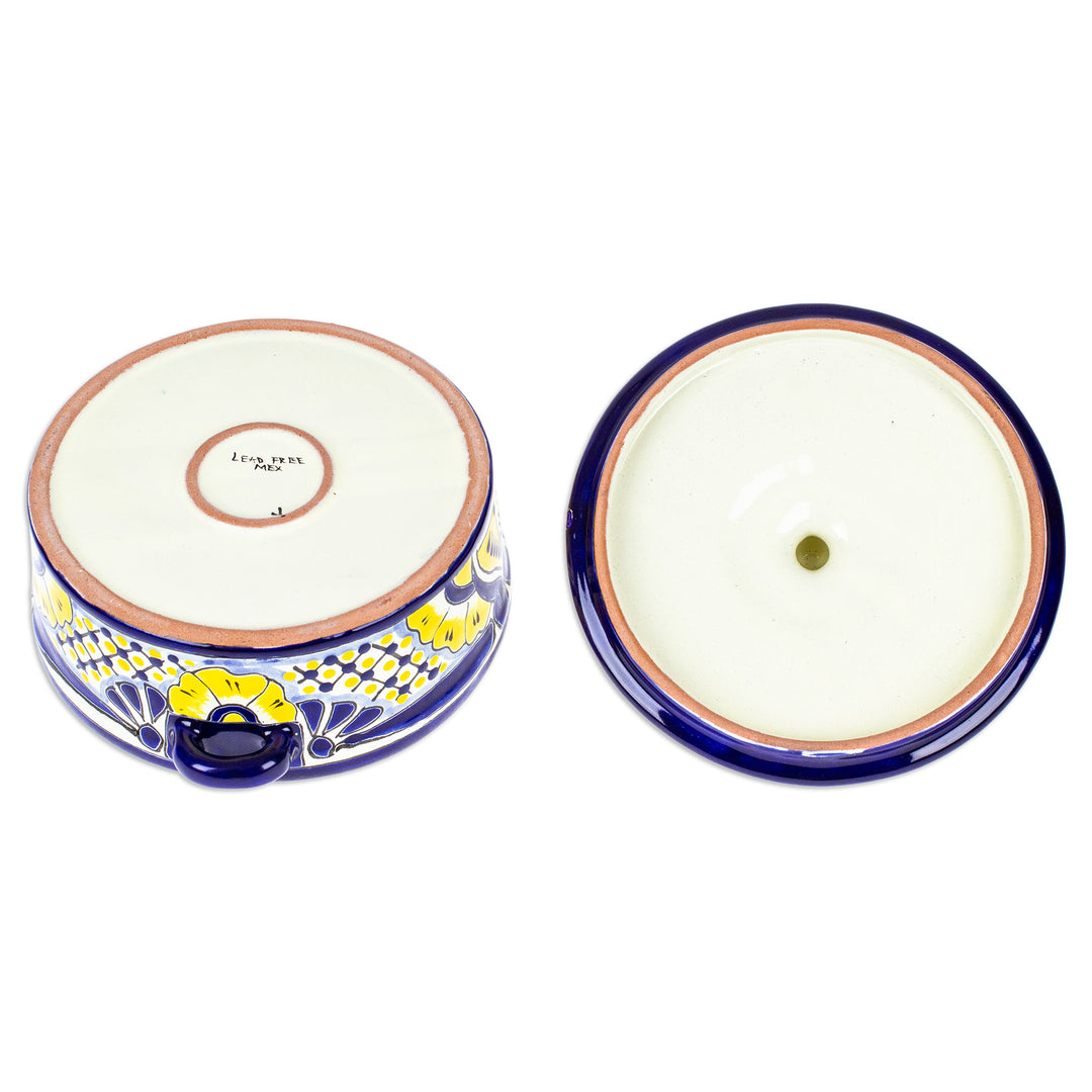 Mexican Talavera Style Ceramic Tortilla Warmer with Lid - Yellow Blooms