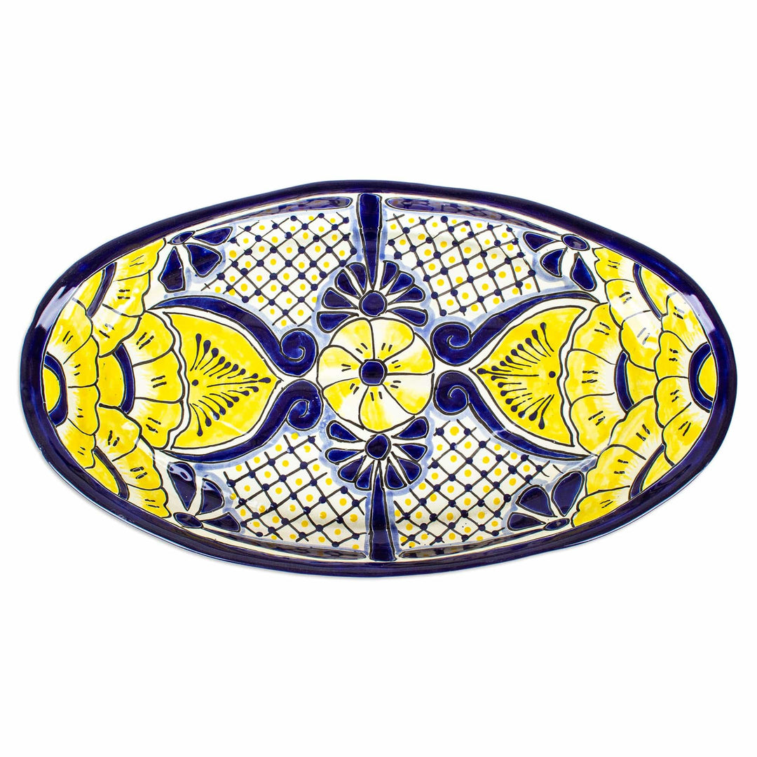 Mexican Talavera Style Ceramic Platter with Yellow Flowers - Yellow Blooms