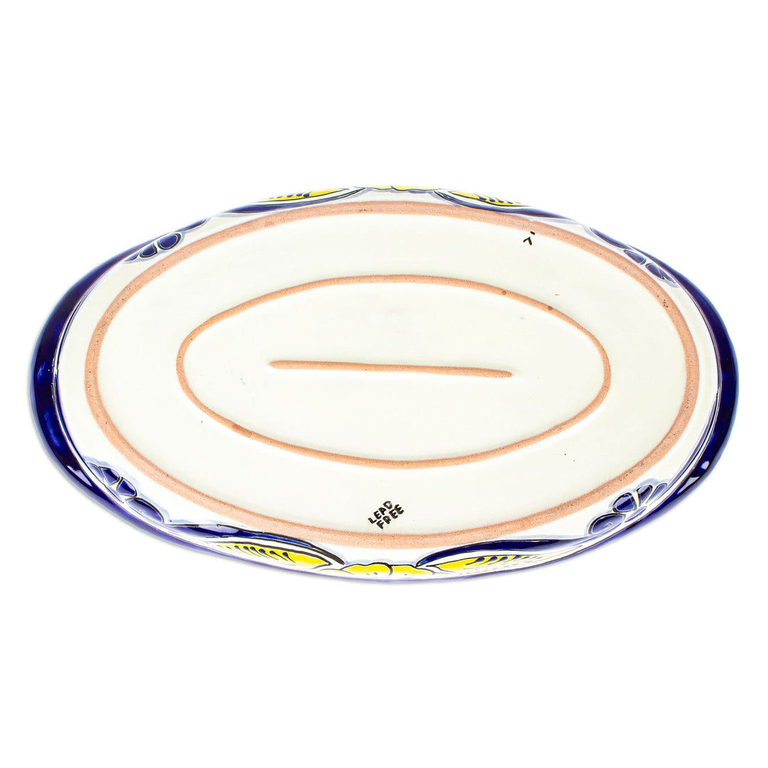 Mexican Talavera Style Ceramic Platter with Yellow Flowers - Yellow Blooms