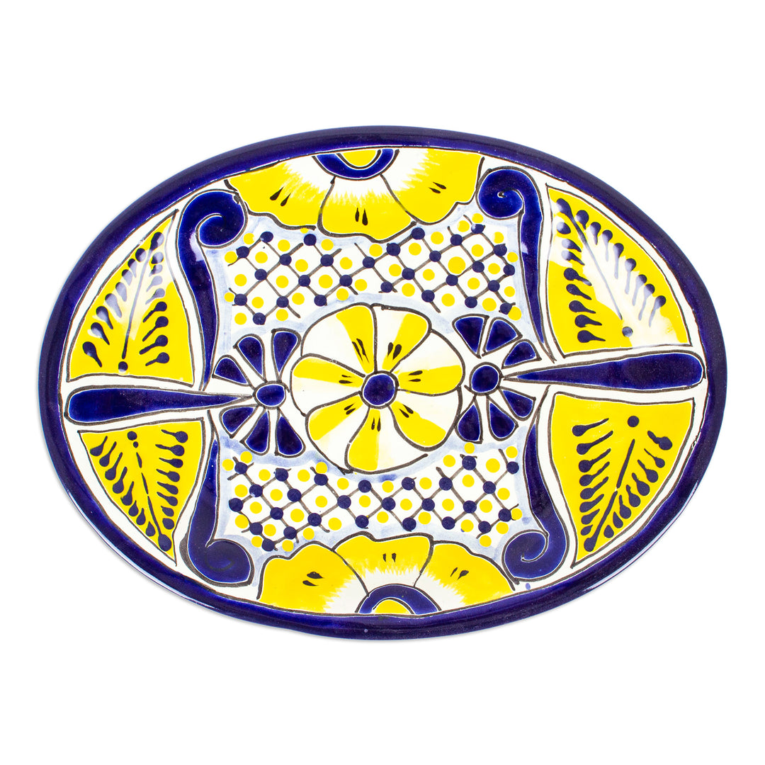 Mexican Talavera Style Ceramic Serving Plate with Flowers - Yellow Blooms