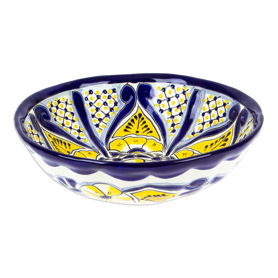 Mexican Talavera Style Ceramic Salad Bowl with Flowers - Sunny Blooms