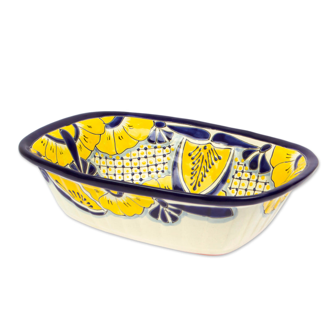 Mexican Talavera Style Ceramic Serving Bowl with Flowers - Yellow Blooms