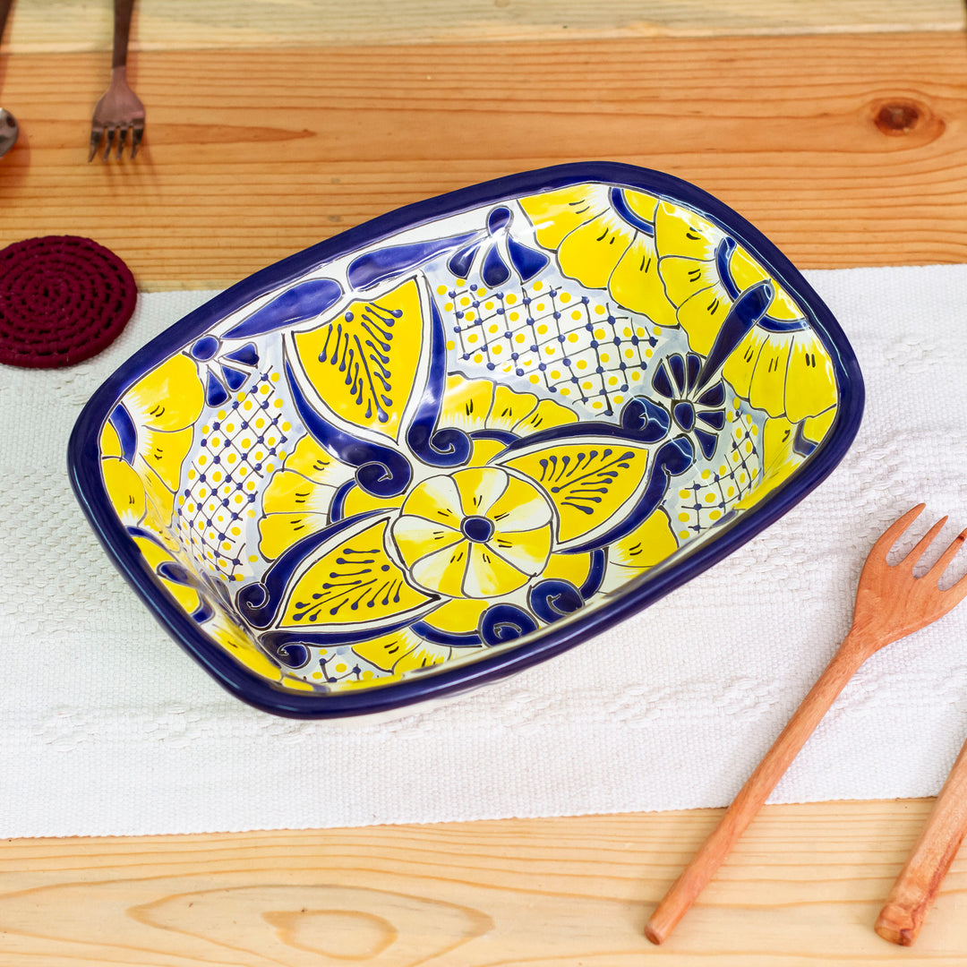 Mexican Talavera Style Ceramic Serving Bowl with Flowers - Yellow Blooms