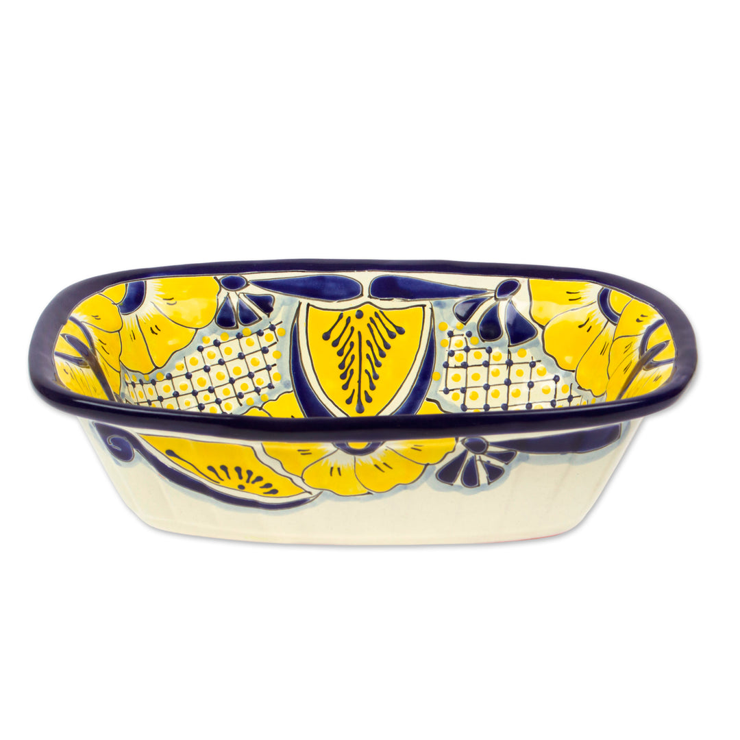 Mexican Talavera Style Ceramic Serving Bowl with Flowers - Yellow Blooms